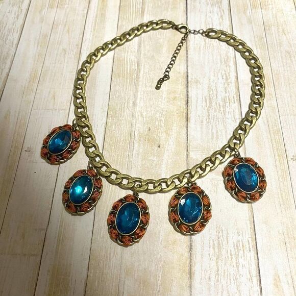 Vintage Chunky Chain Blue Crystal Statement Necklace - Picture 5 of 10